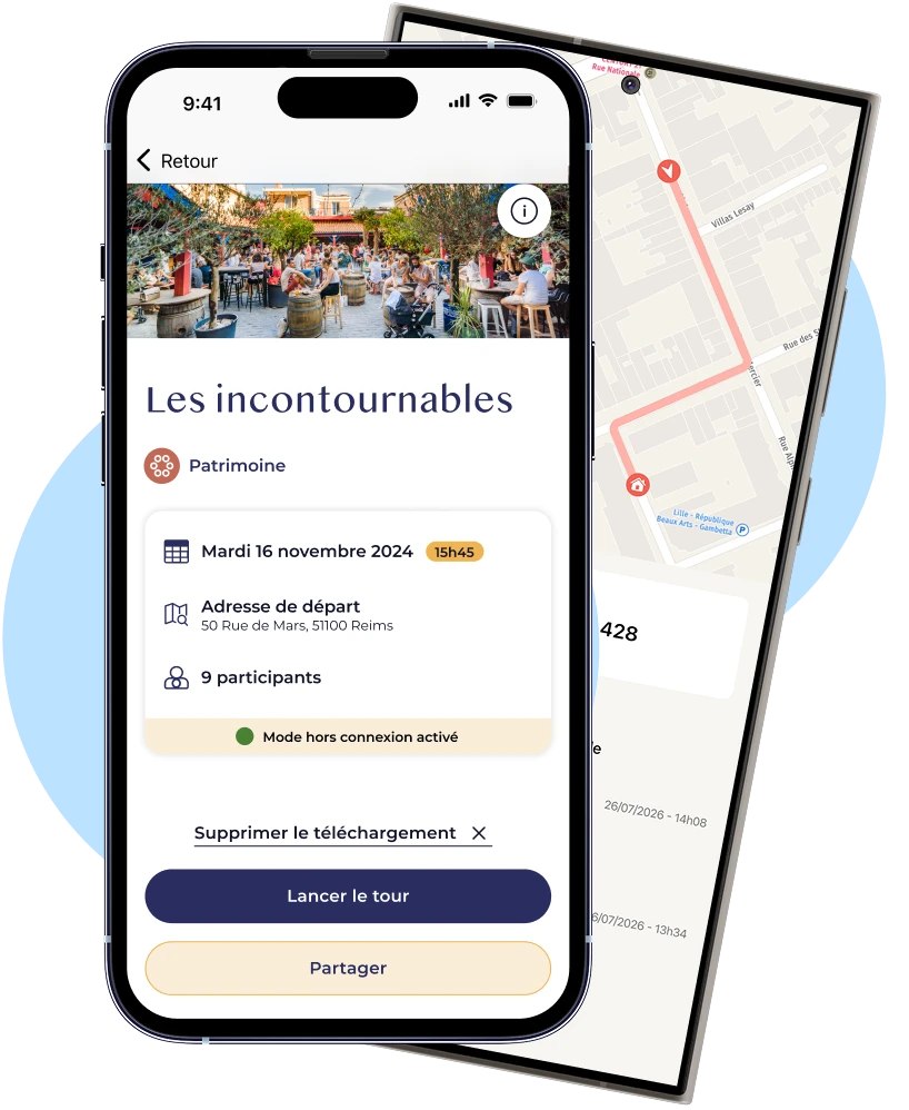 Téléphones affichant une application "Reims à Table" crée par Ikomobi